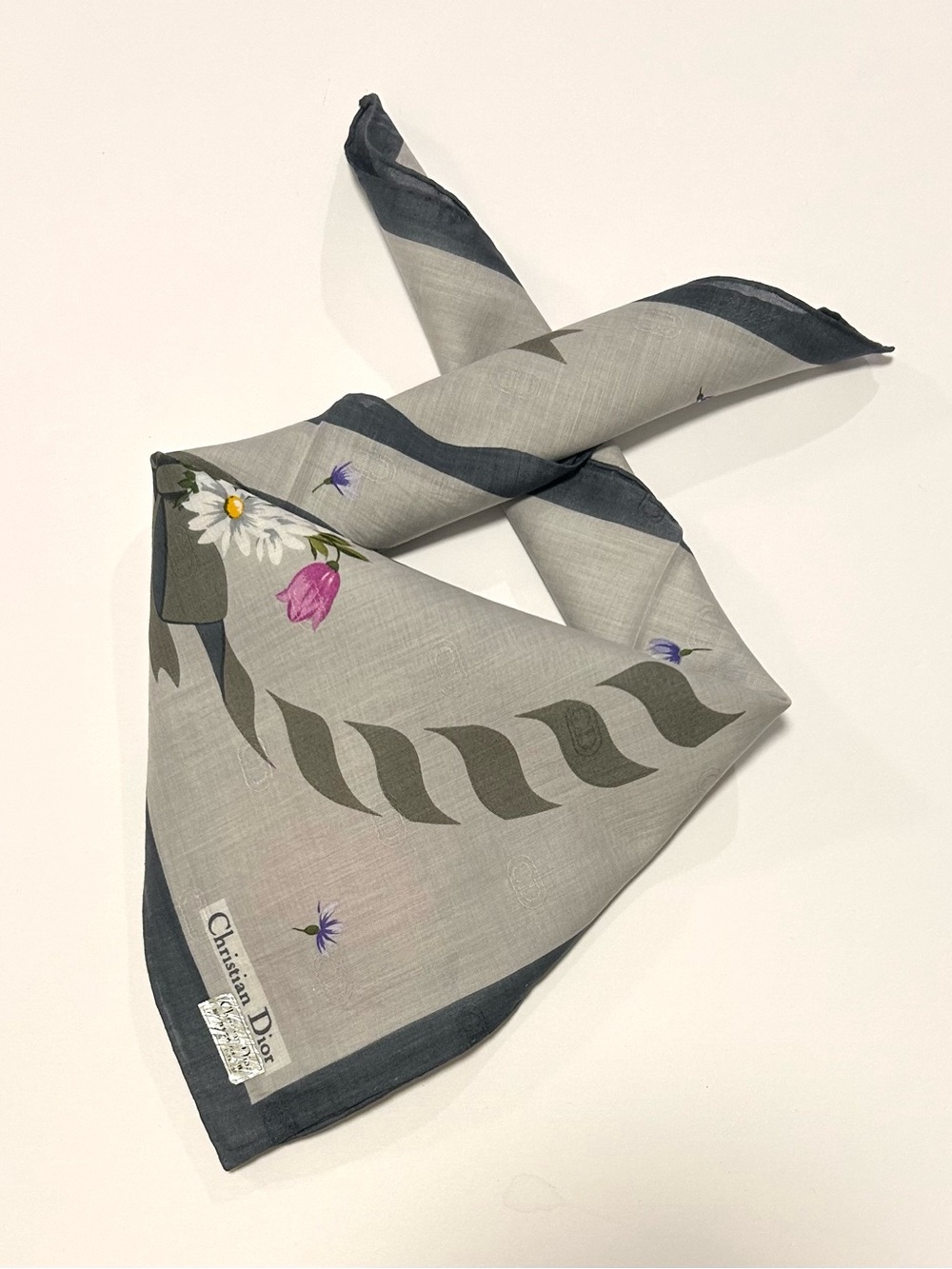 NWT WOMEN HANDKERCHIEF CHRISTIAN DIOR FLORAL Gray COTTON POCKET SQUARE 18β